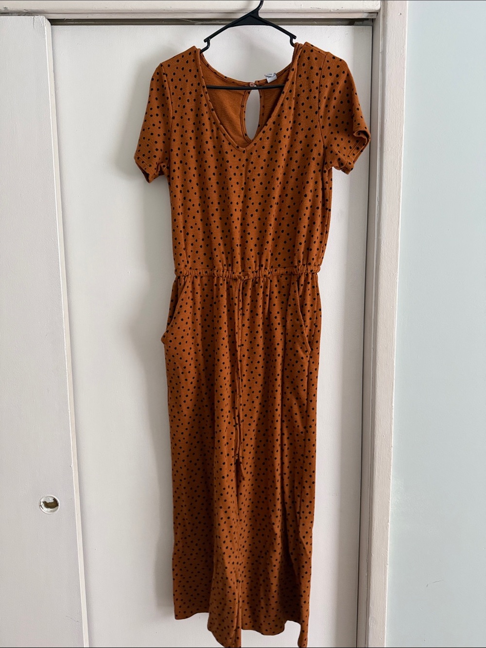 Rust Polka Dot Midi Jumpsuit with Waist Tie